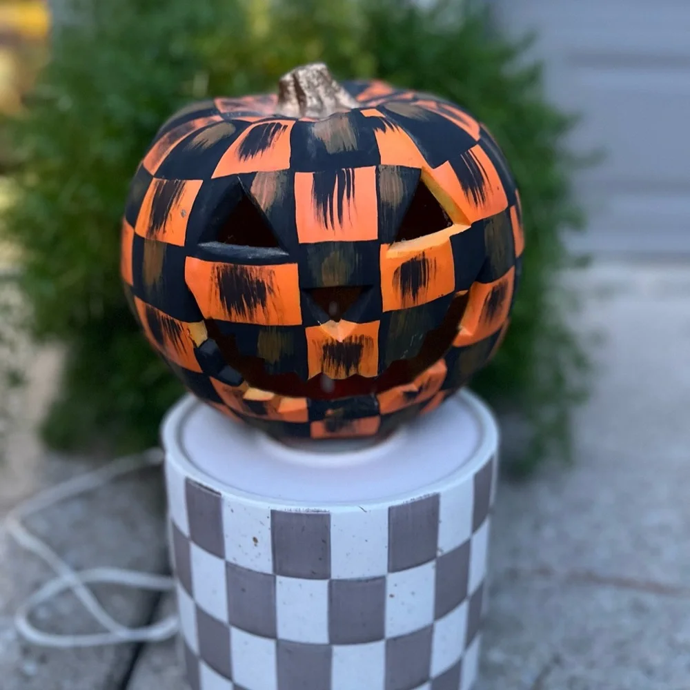 Orange and Black Checker Jack-O'-Lantern thick foam Lantern Hand painted